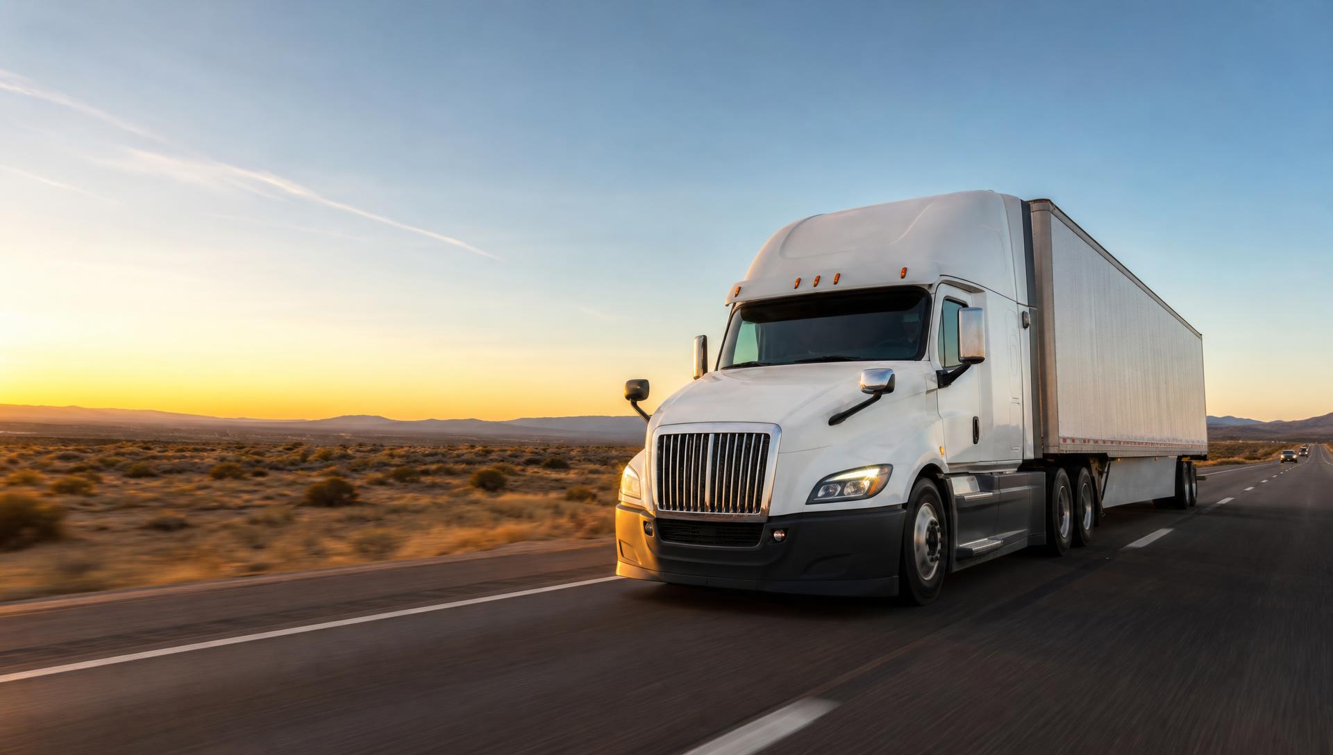 Semi truck hauling a dry van trailer on a highway at dusk